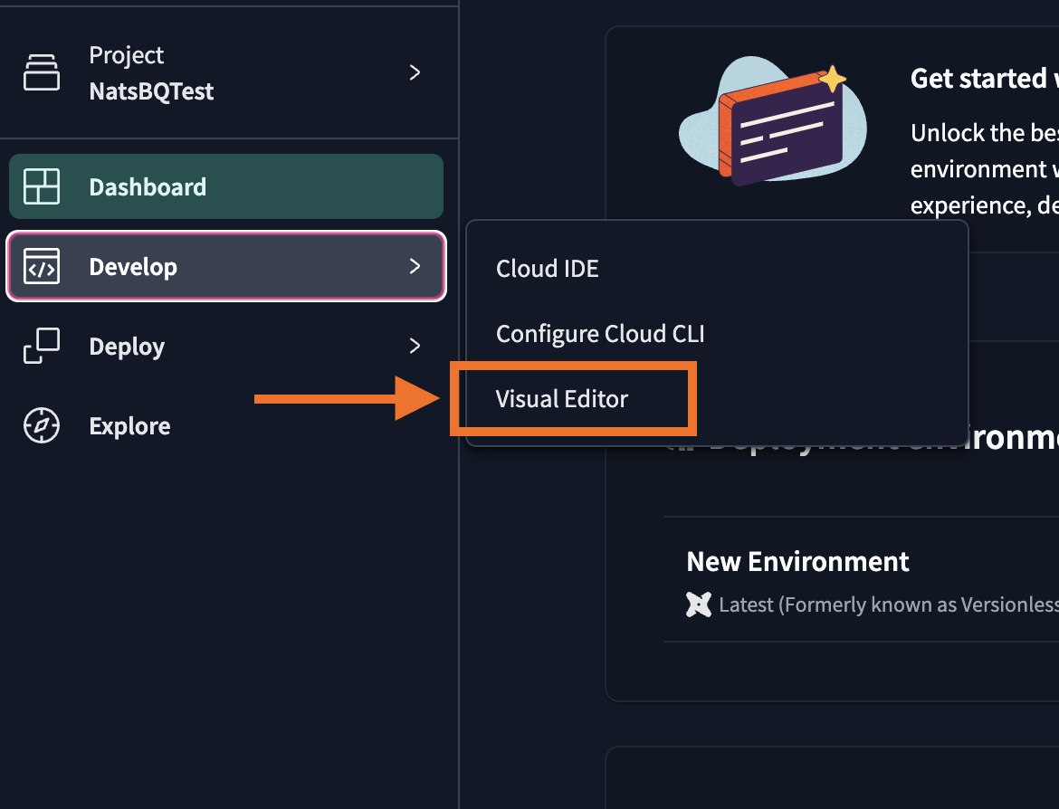 Access the Visual Editor by selecting 'Develop' from the navigation menu.